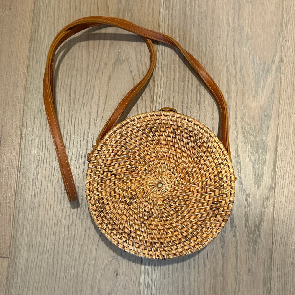 Round Woven Tan Crossbody Bag